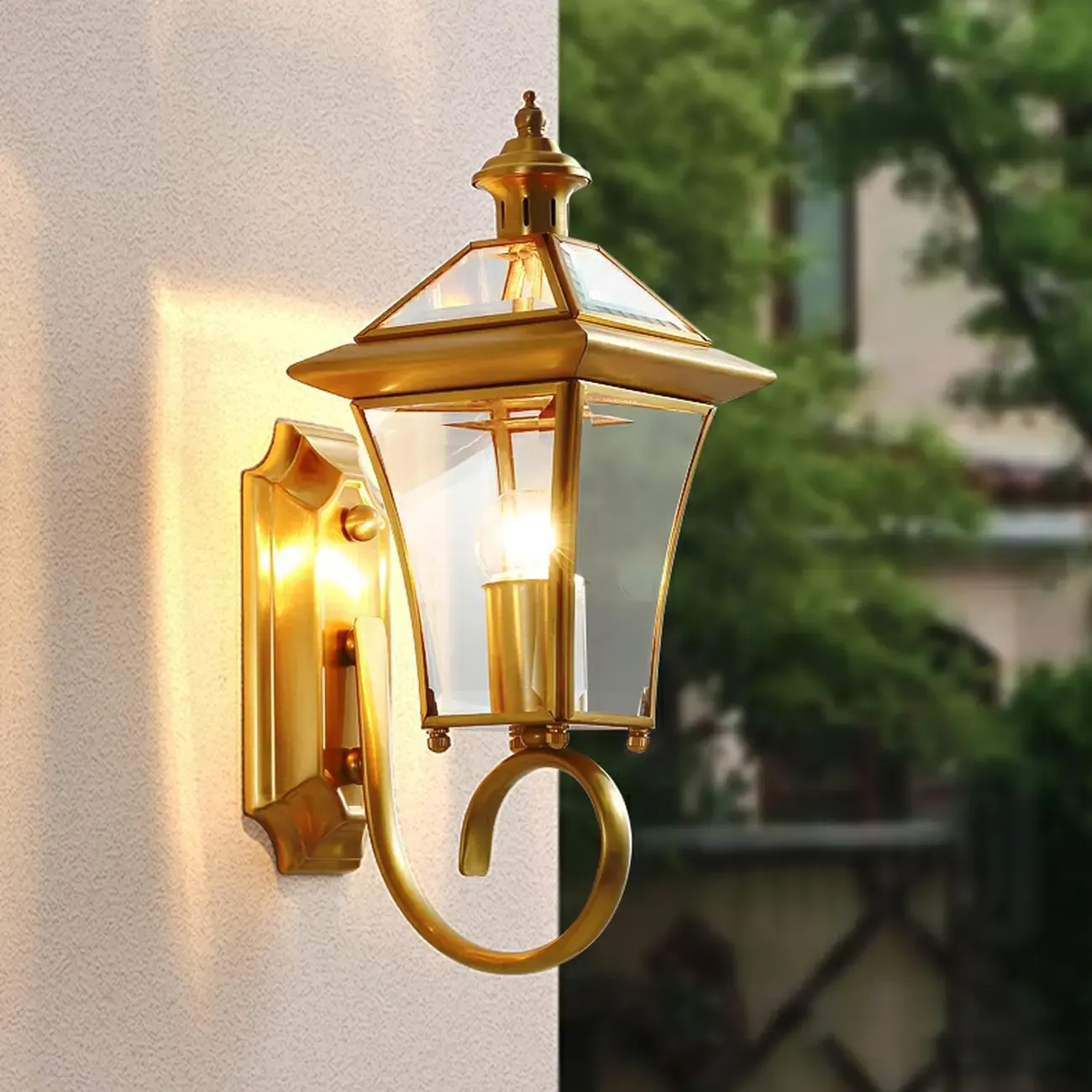 Classic Gold Glass Caged Outdoor Wall Lantern Light