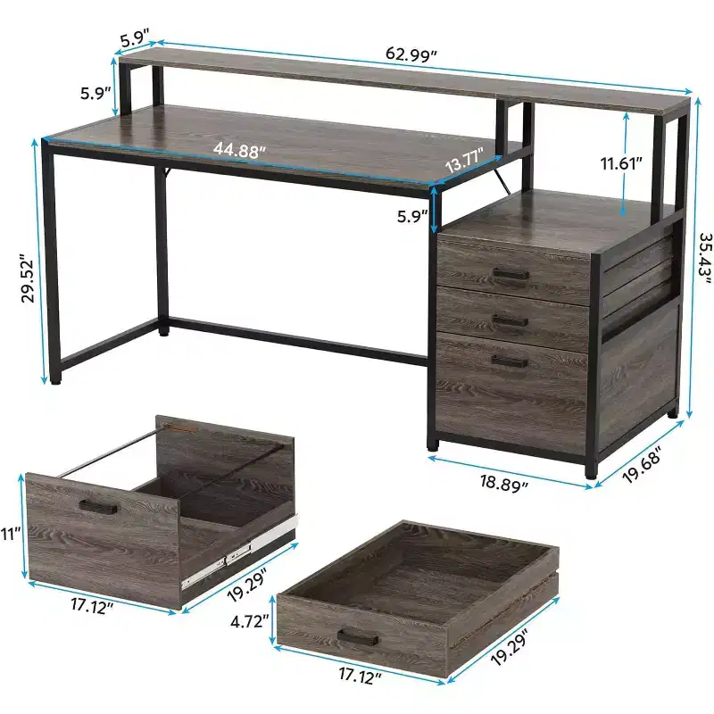 Black Industrial Computer Desk with File Drawer & Monitor Stand, 1-Person