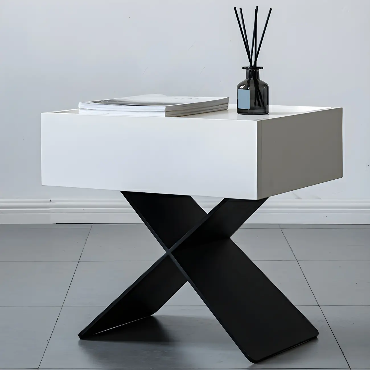 Black Wood X-Leg Drawer Storage Small Nightstand