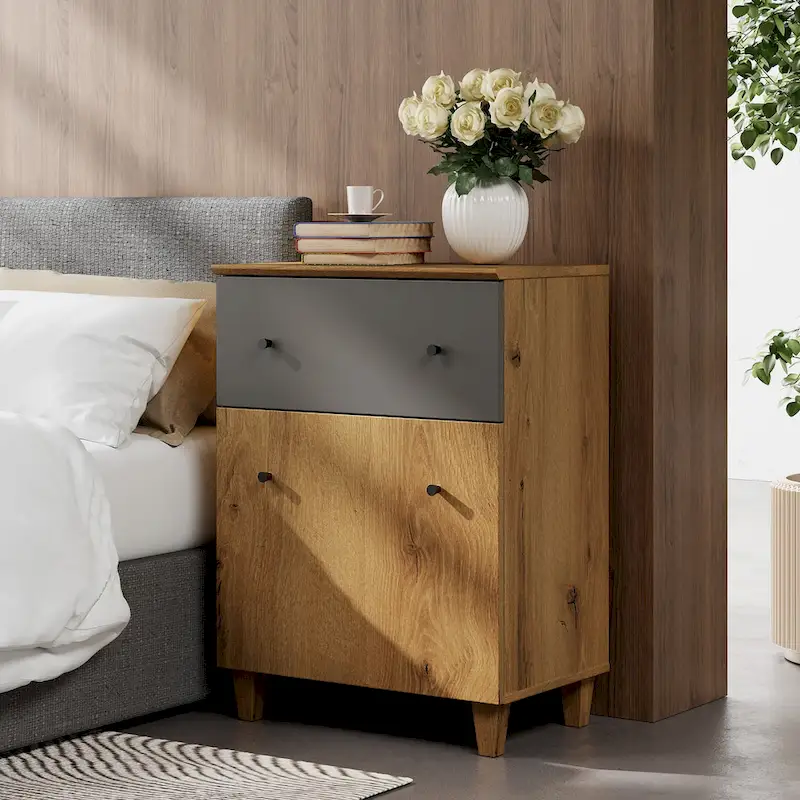 Bedroom Night Stand Bedside Table with Drawer and Cabinet, 32.4H