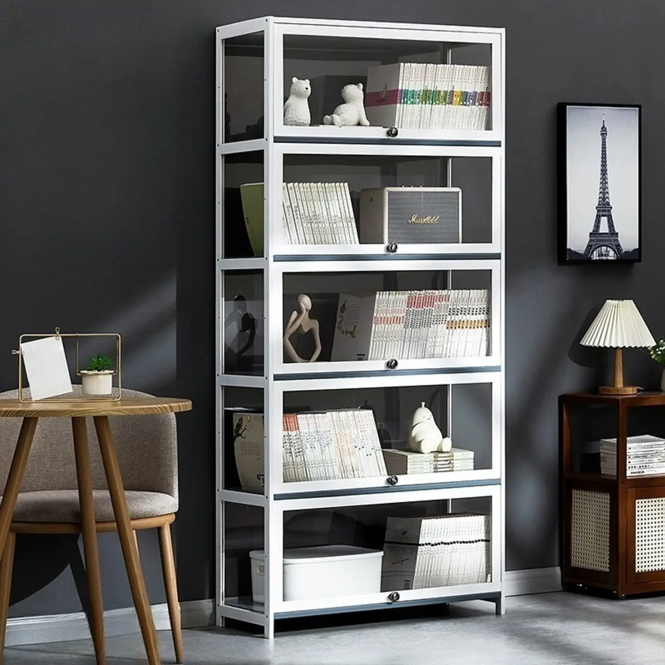 Modern White Bamboo Flip-Up Glass Display Cabinet