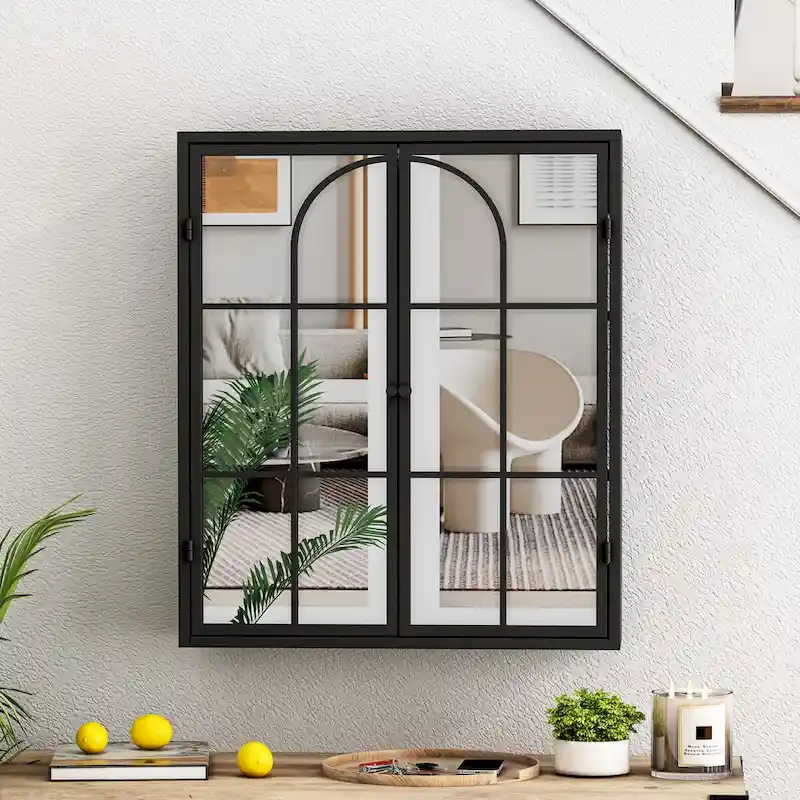 Black 2-Door Wall Cabinet with Mirror, 3-Shelf Storage