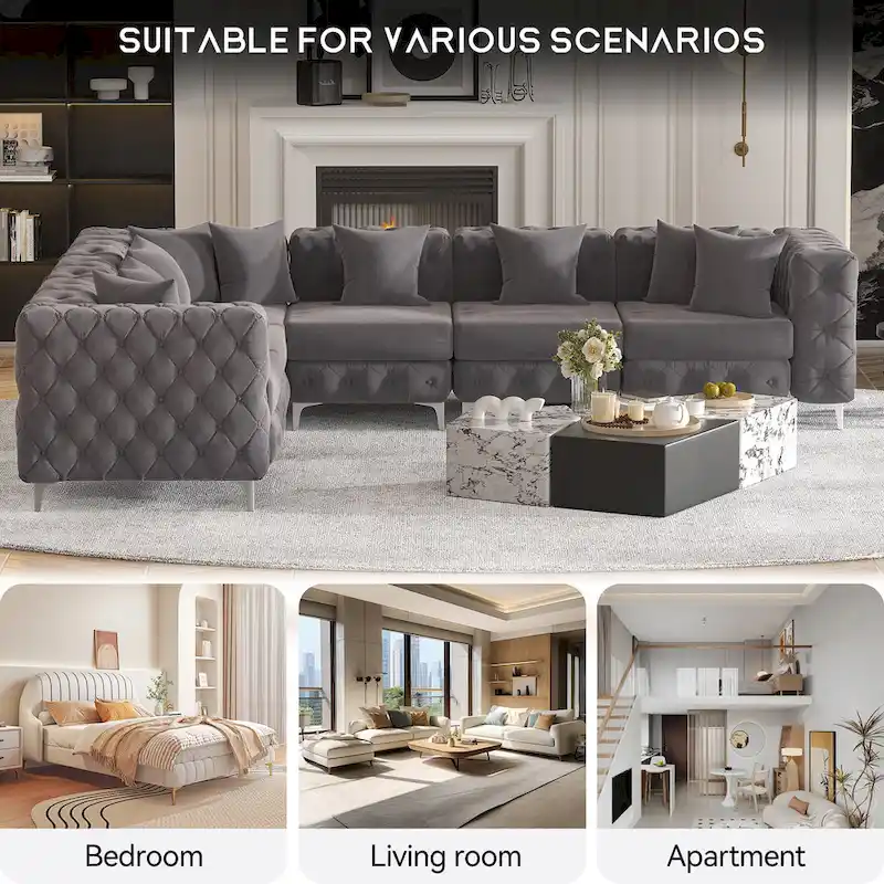 Large L-Shaped Modular Sofa, 6-Seat Velvet Sectional Couch