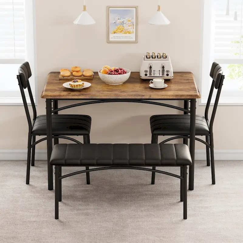 4 Piece Kitchen Table Set with 2 Upholstered Chairs, 1 Bench, 1 Dining Table