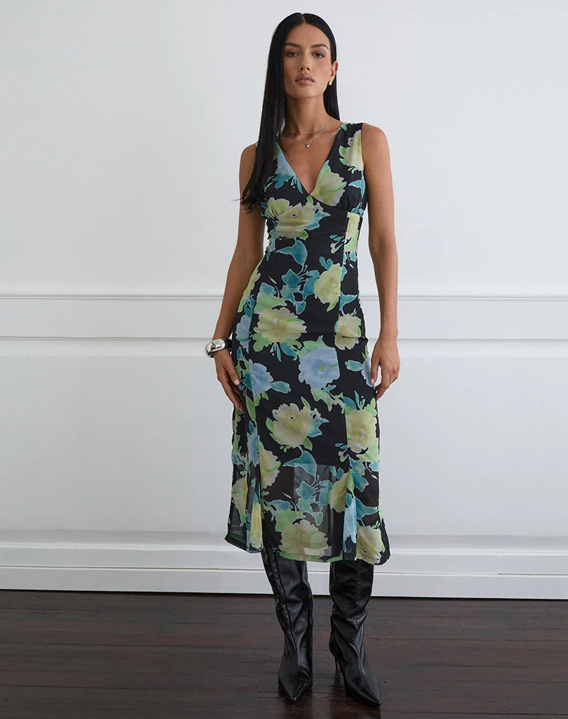 Olydia Midi Dress in Black Chiffon with Crystal Flower Print