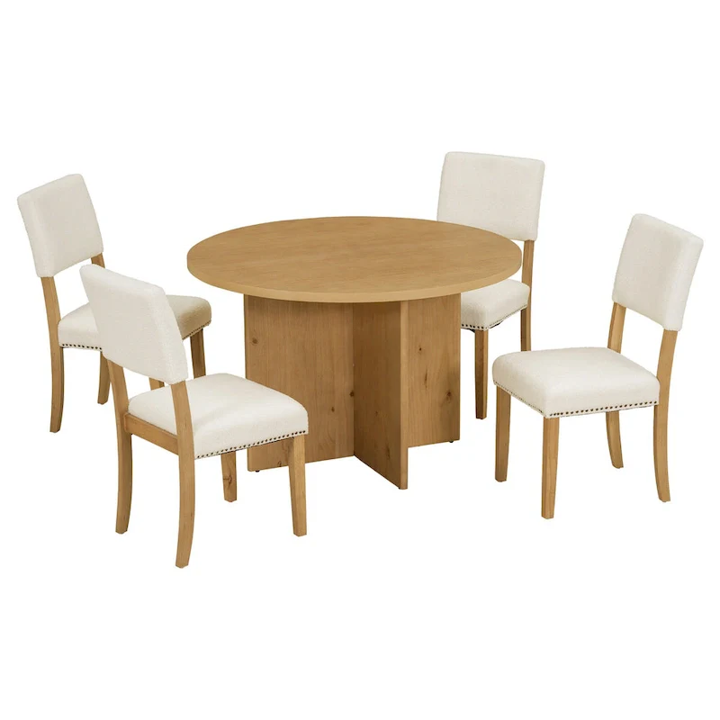 Farmhouse Style 5-Piece Wooden Dining Set with Round Table and 4 Lambswool-like Fabric Upholstered Chairs
