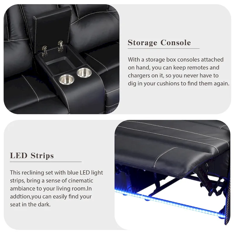 Modern Faux Leather Manual Reclining with Center Console with LED Light Strip,Living Room Furniture Set,PU Symmetrical Couch