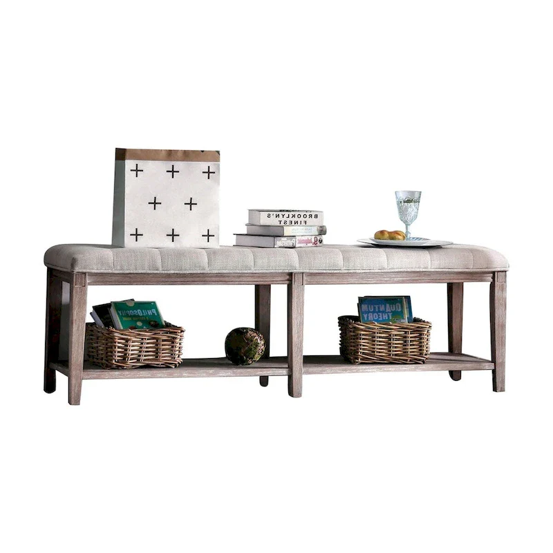Wooden Bench with Button Tufted Seat