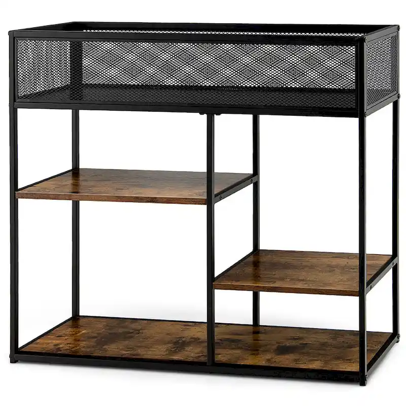 4-Tier Console Table w/ Wire Basket Narrow Sofa Table w/ shelf