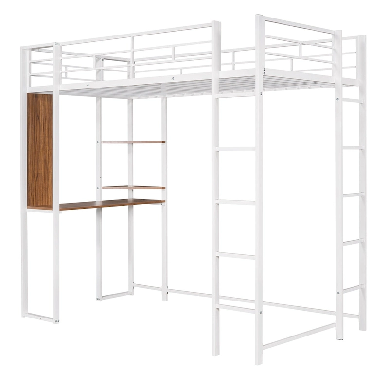 White Twin Metal Loft Bed with Ladder, Fence & Desk
