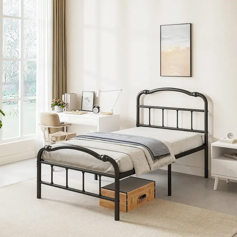 Heavy Duty Anti-Sway 18 Inch High Steel Tube Iron Bed, Double Wave Headboard And Footboard