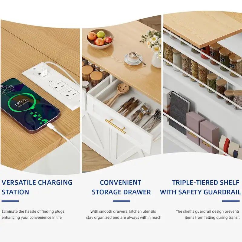 Kitchen Island Drop Leaf Double Tilt Out Trash Cabinet with Power Outlet & Wheels