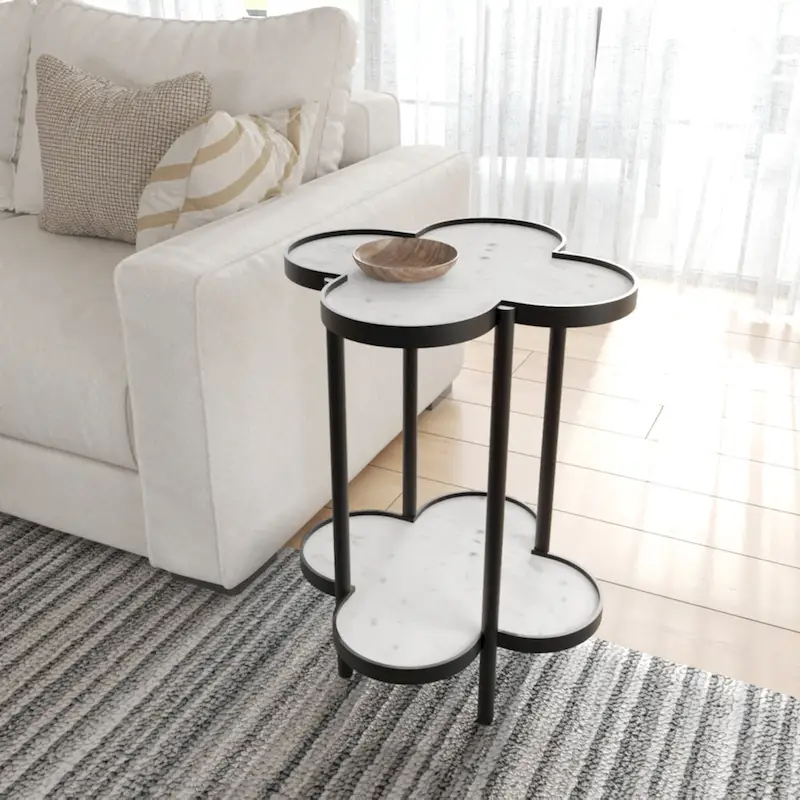 Chloe Side End Table, White Genuine Marble Clover Shape Top With Black Iron Frame