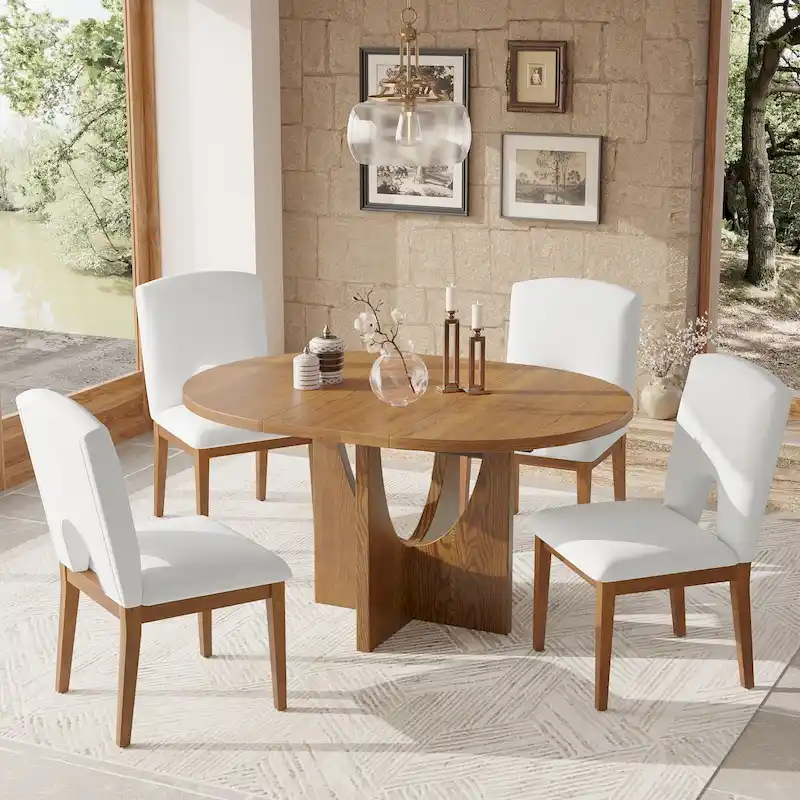 5-Piece Round Extendable Dining Table Set with Upholstered Chairs