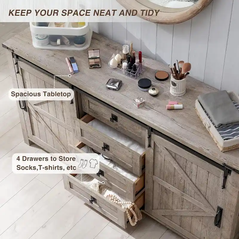 Farmhouse Dresser with 4 Drawers & 2 Sliding Cabinets, Dark Rustic Oak/Antique White/Barnwood