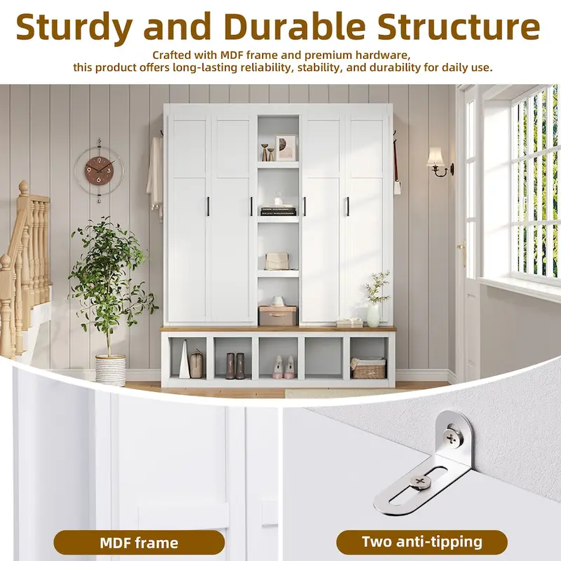 Farmhouse-Style 4-in-1 Hall Tree with Mudroom Bench