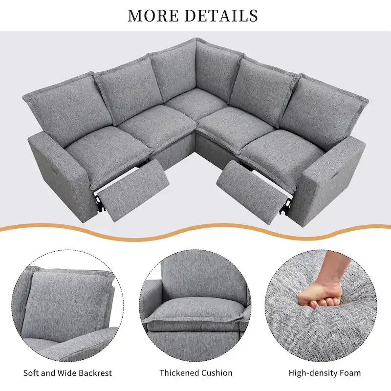 Linen L-Shaped Sectional Sofa with Power Recliners & USB