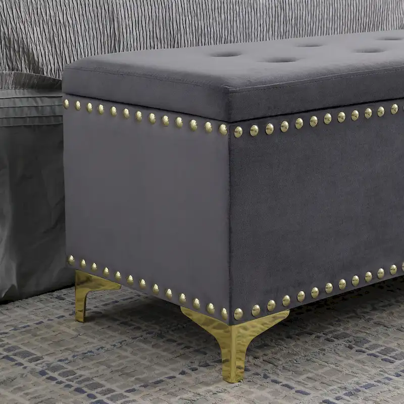2 in 1 Combination Tufted Velvet Benches Set with Gold Leg and Nailhead Trim