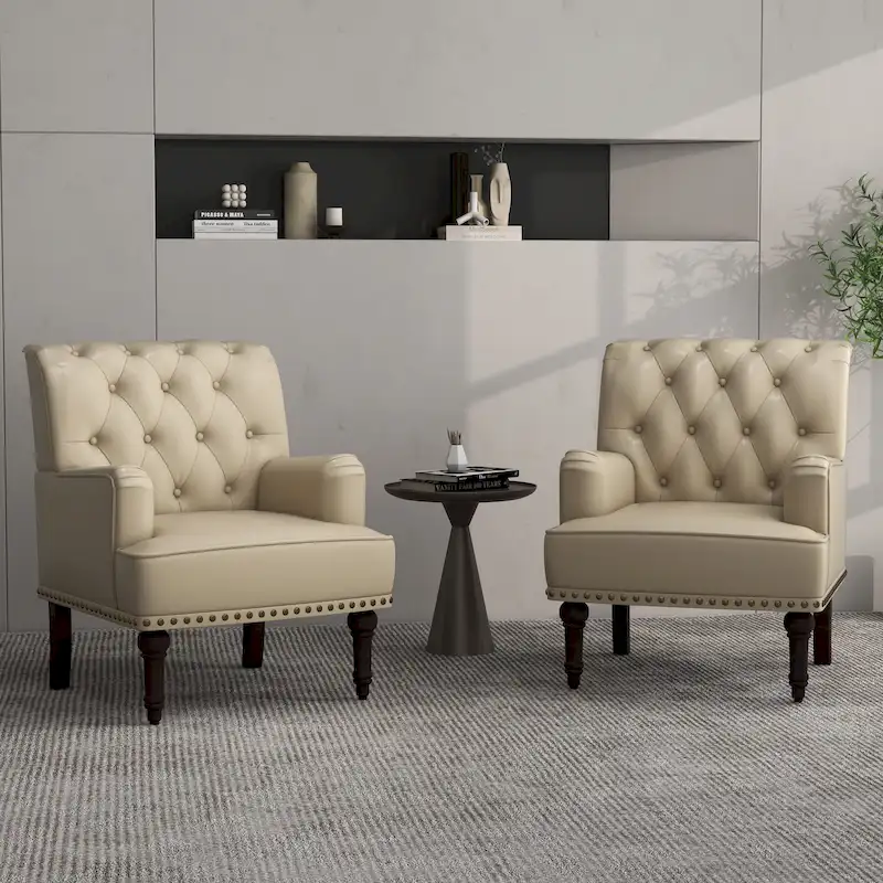 Tufted Vegan Leather Accent Chairs Armchairs with Nailhead Trim