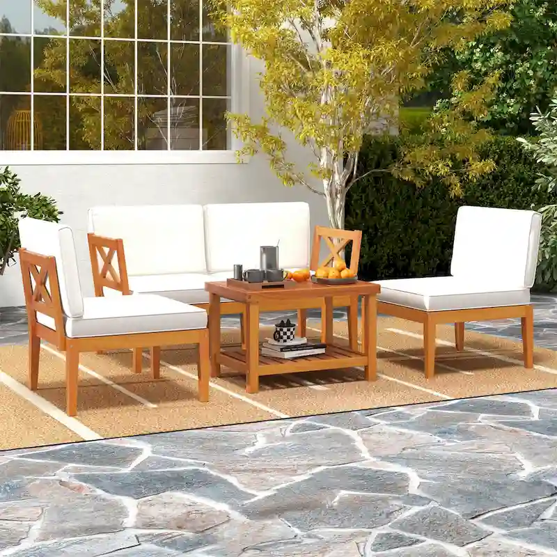 Costway 5 PCS Acacia Wood Patio Furniture Set with Cushions and 2-Tier - See Details