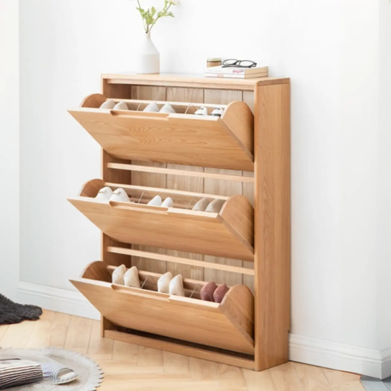 Entryway Oak Drop Front Shoe Cabinet with Display Top