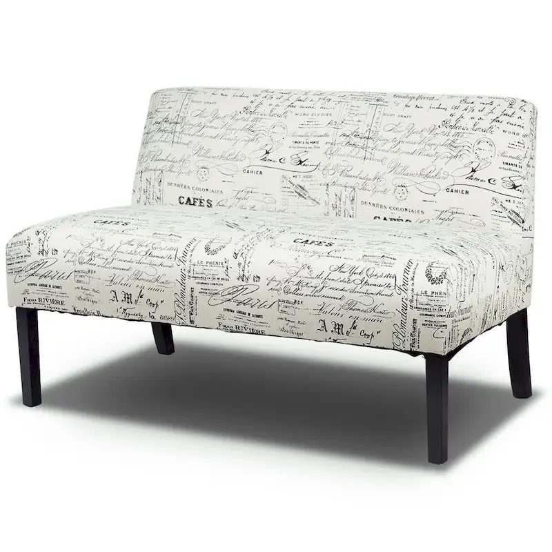 Modern Loveseat Sofa with Off-White Cursive Pattern Upholstery and Black Wood Legs - 50 x 28 x 30.5 (L x W x H)