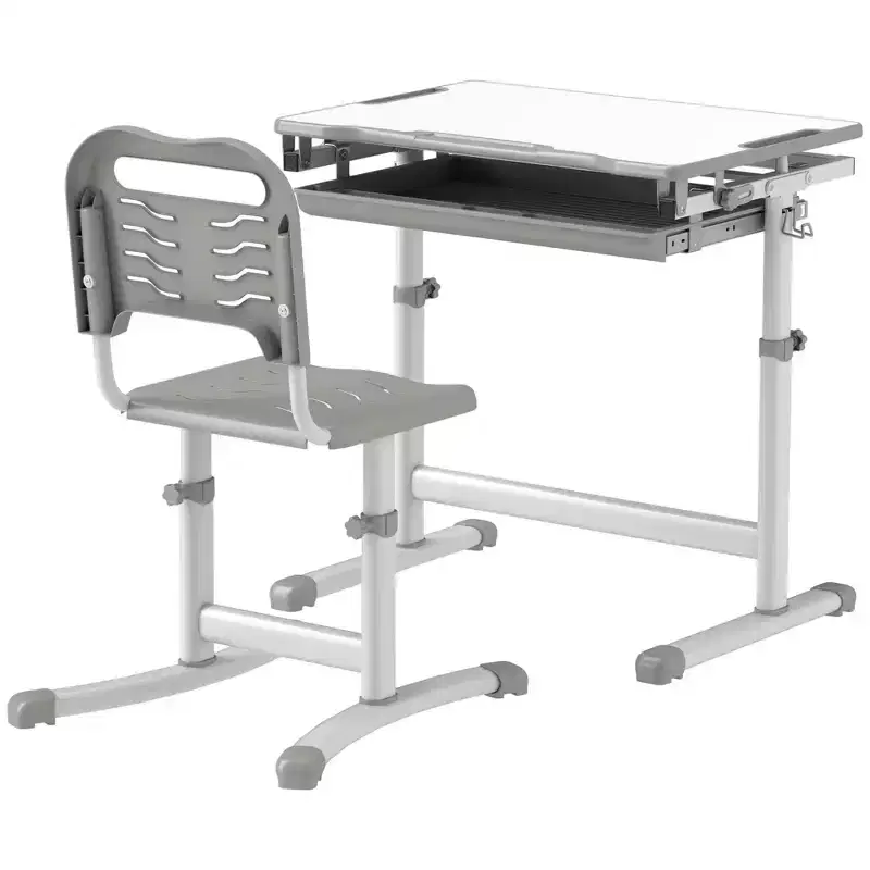 Height Adjustable Kids Desk and Chair Set with Tilt Desktop and Drawer Gray