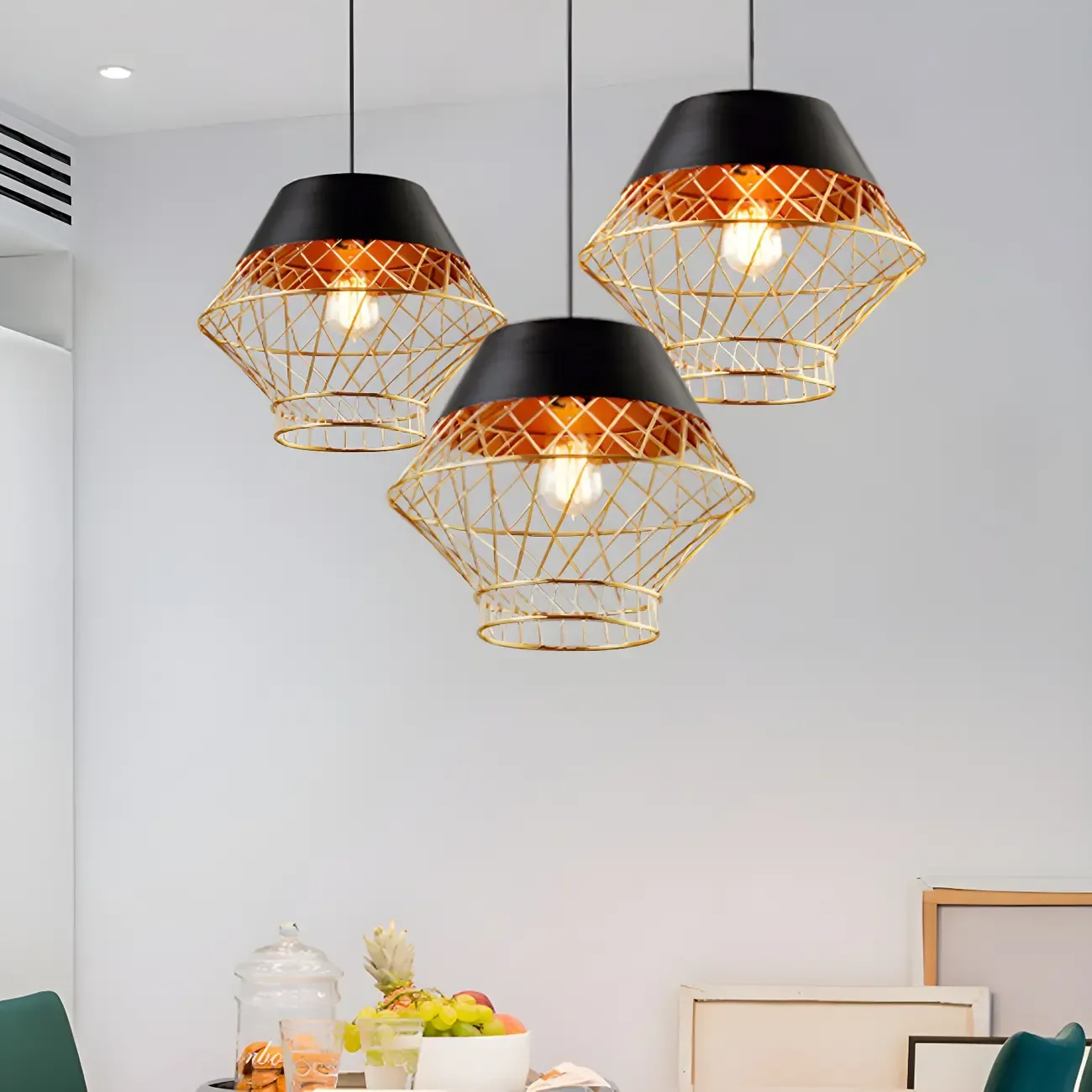 Modern Jug Shaped Gold Caged Pendant Light for Kitchen Island