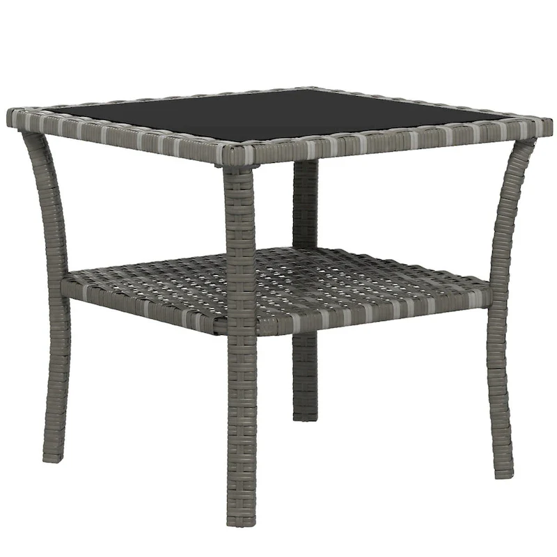 Rattan Side Table, Outdoor End Table with Storage Shelf, Aluminum Frame Square, Coffee Table with Tempered Glass Top, Mixed Gray