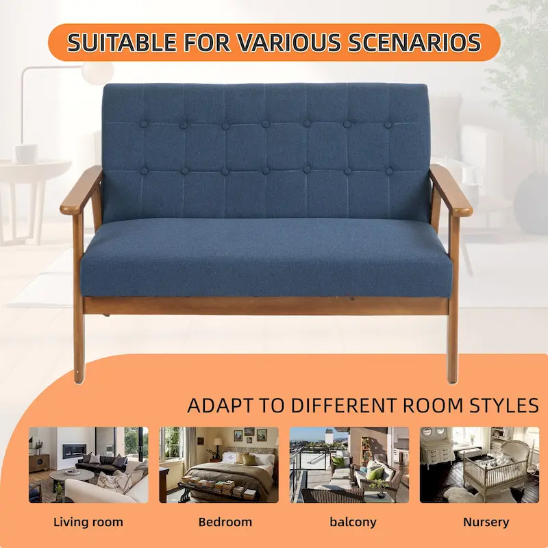 Mid-Century Linen/PU Upholstered Wood Frame Tufted Loveseat Sofa