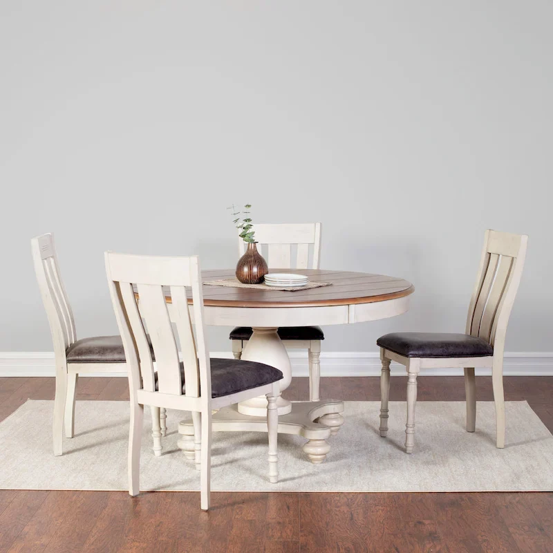 Weathered Oak Dining Set: Round Table and Four Dining Chairs