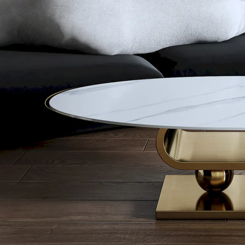 Exquisite Modern Oval Coffee table with white 51L Stone Top and Gold Metal Base