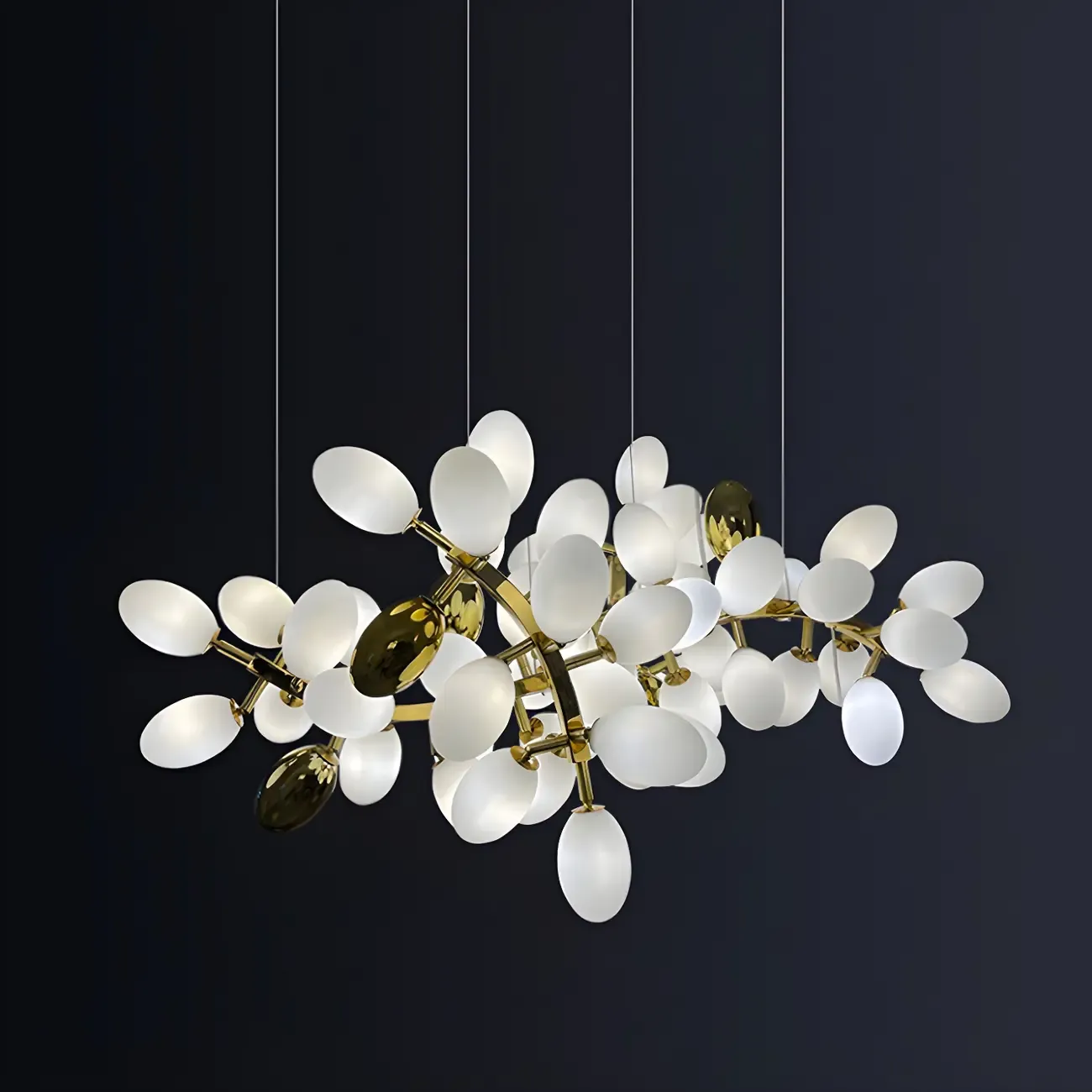 1 Tier Gold Branch White Glass Oval Cluster Pendant Light