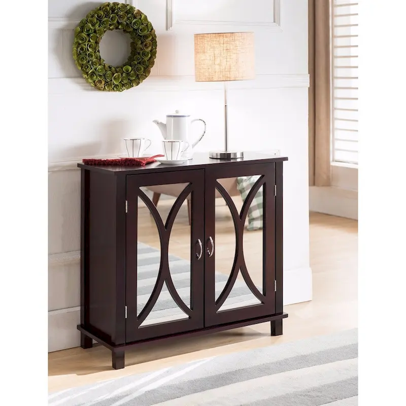 Espresso Wood Entryway Console Sofa Table, Mirrored Doors