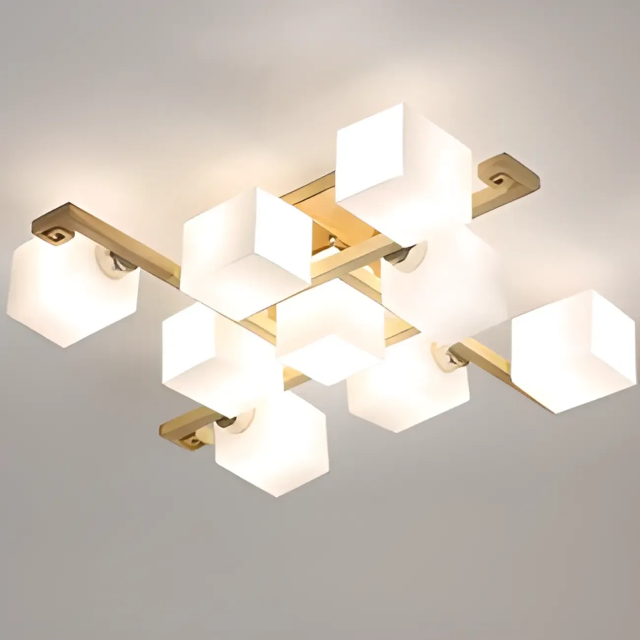 8.5 Height Square Glass Natural Wood Semi Flush Ceiling Light
