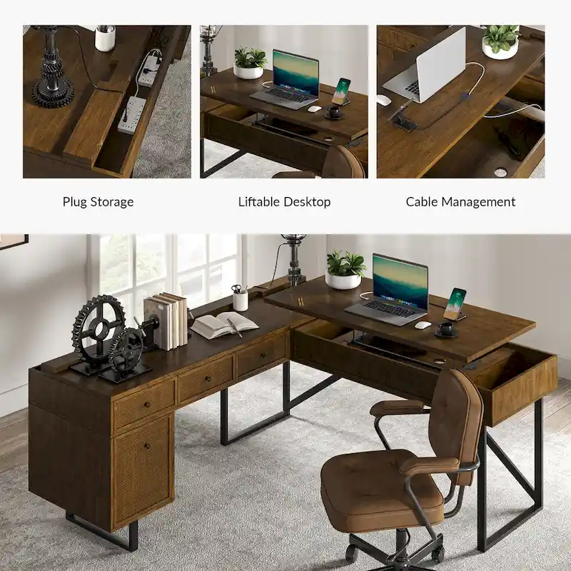 Alfons Industrial L-shaped Lift Top Cane Executive Office Desk with Drawers and Built-In Outlets