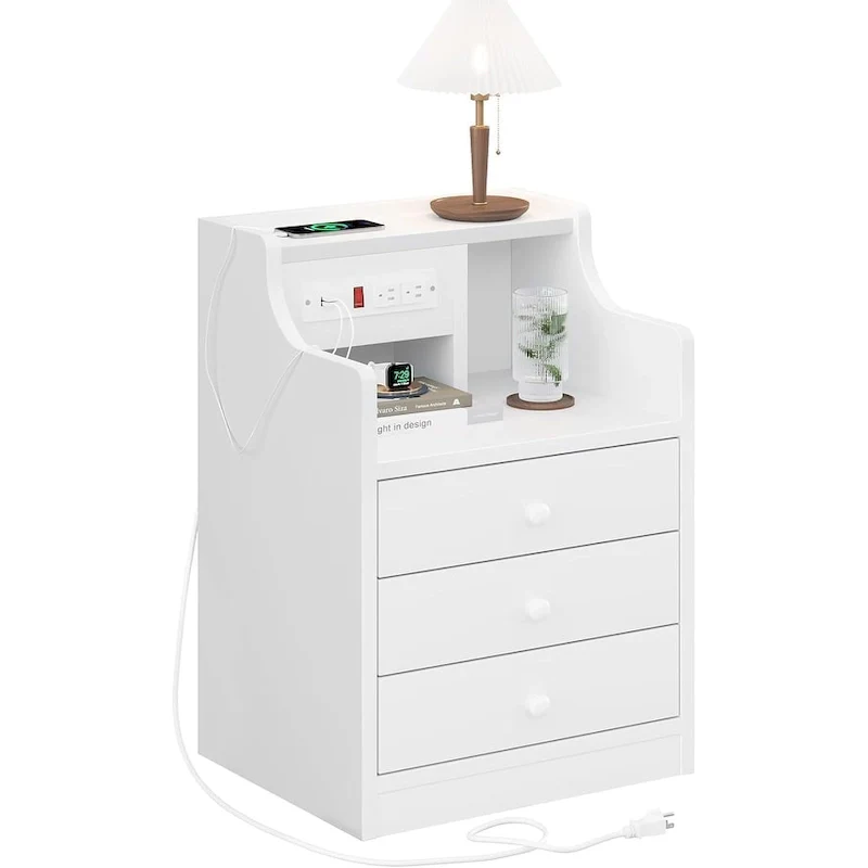 3-Drawer Nightstand with Built-in Charging Station and Open Shelf – White / Pink / Grey / Black, for 1 Person