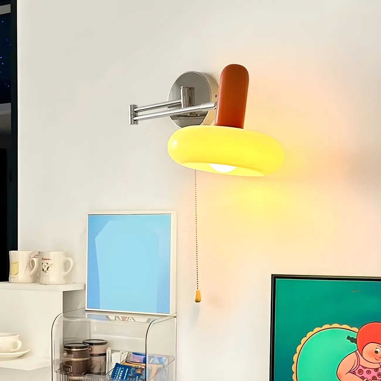 Contemporary Metal Silver Red Swing Arm Wall Light