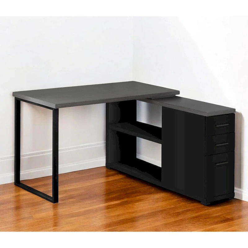 Grey Wood L-Shaped Computer Desk with Drawers and Metal Pedestal Base