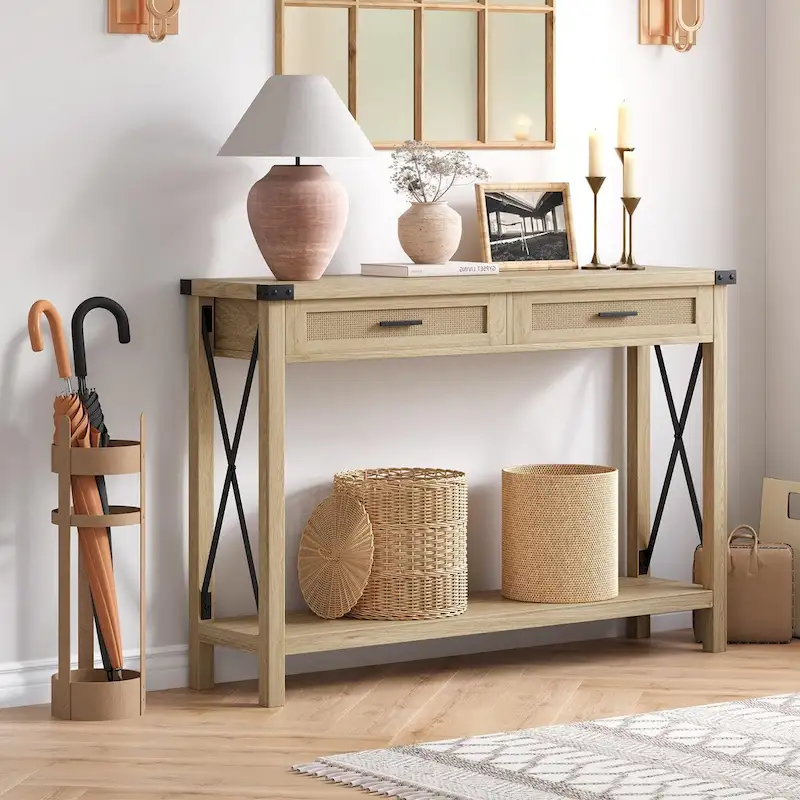 Console Table with Rattan Drawers, Farmhouse Sofa Table