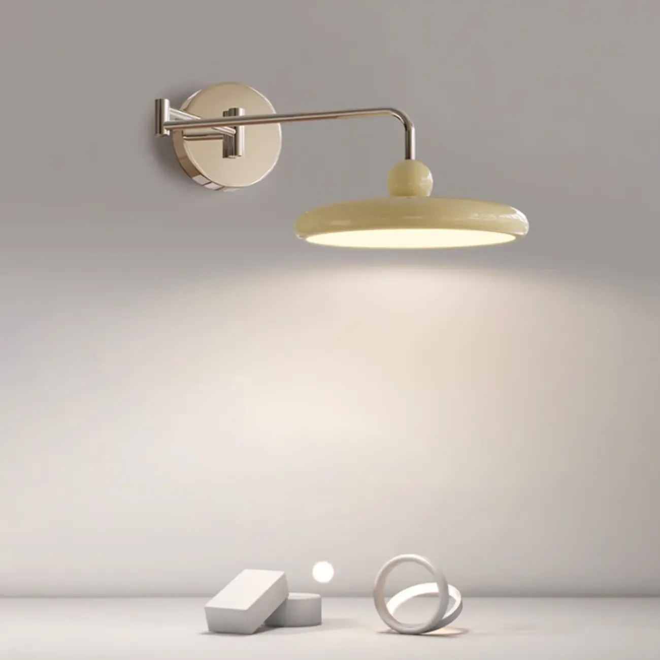 Modern Beige Swing Arm Wall Light with Round Shade