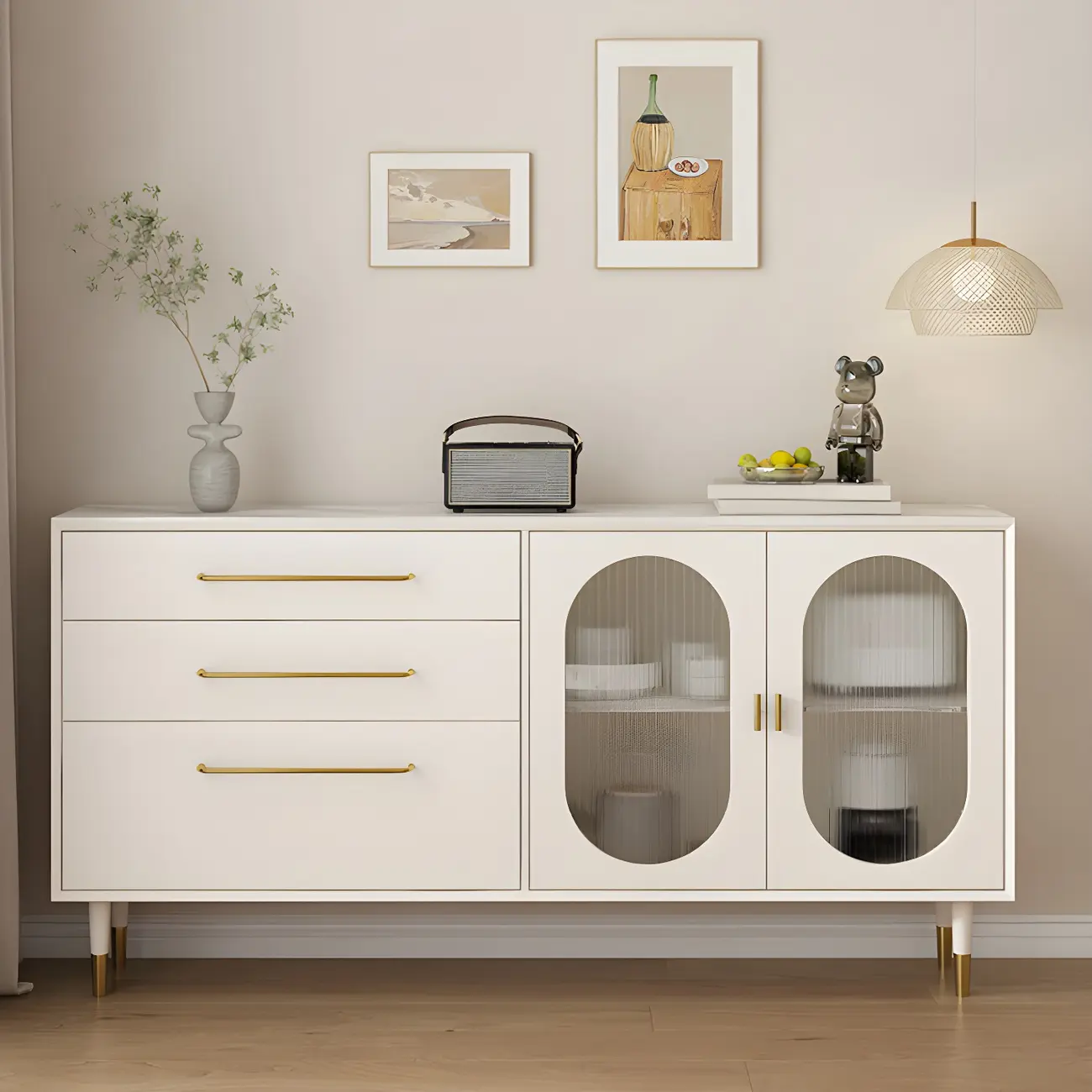 White Wood Glass Doors China Cabinet with 3 Drawers