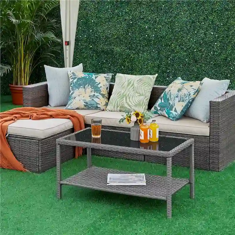 Yaheetech Wicker 2-Layer Patio Rattan Table with Tempered Glass Top