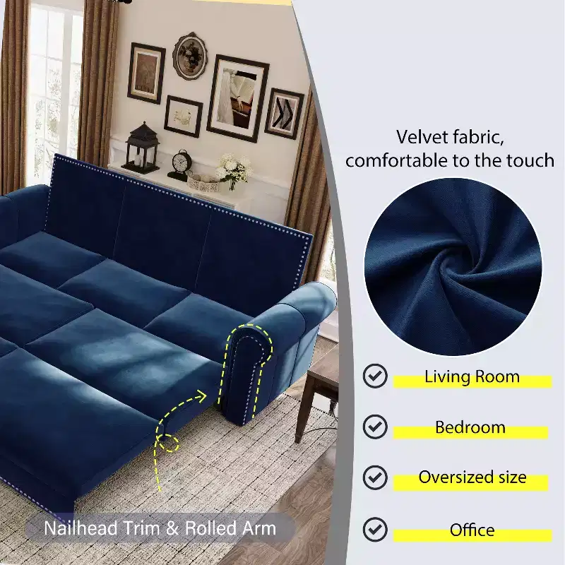 MAYEERTY 93.7 King Pull Out Sofa Bed, 3-in-1 Velvet Convertible Sleeper Sofa with Nailhead Trim& Rolled Arm Blue
