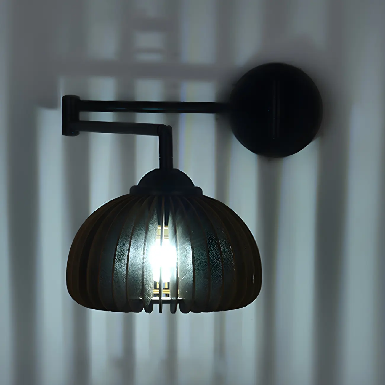 Black Metal Swing Arm Wall Light with Wood Shade