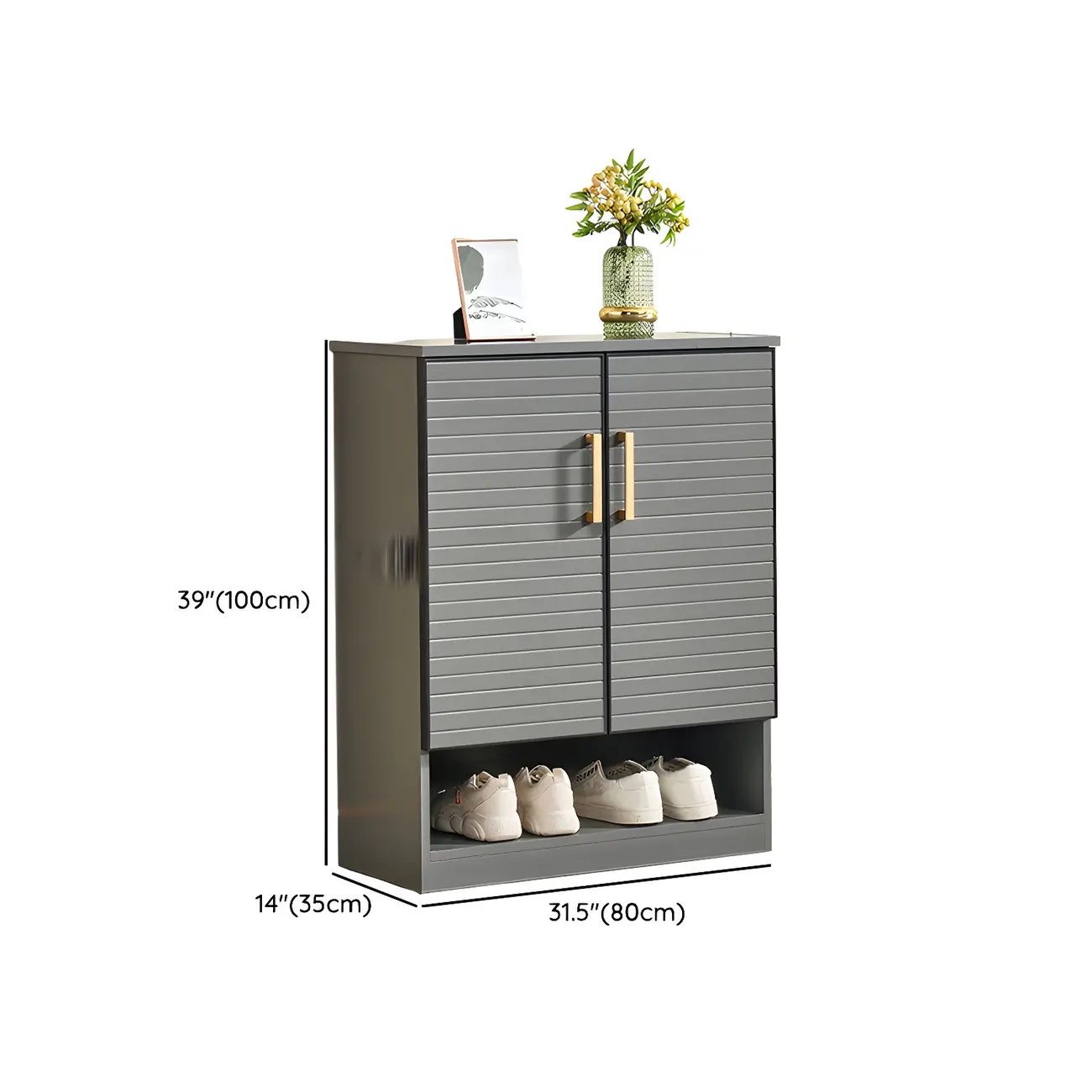 Metal Grey Shoe Cabinet with Open Bottom Shelf