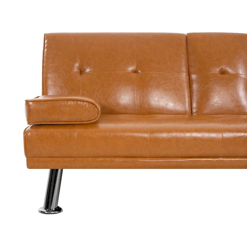 Futon Sofa Bed Couch with Armrest & Cupholders, Faux Leather Sofa Bed Couch Convertible Folding Reclining Small Couch