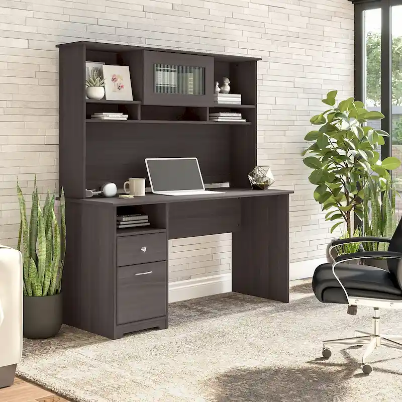 60W Computer Desk with Hutch in Espresso Oak