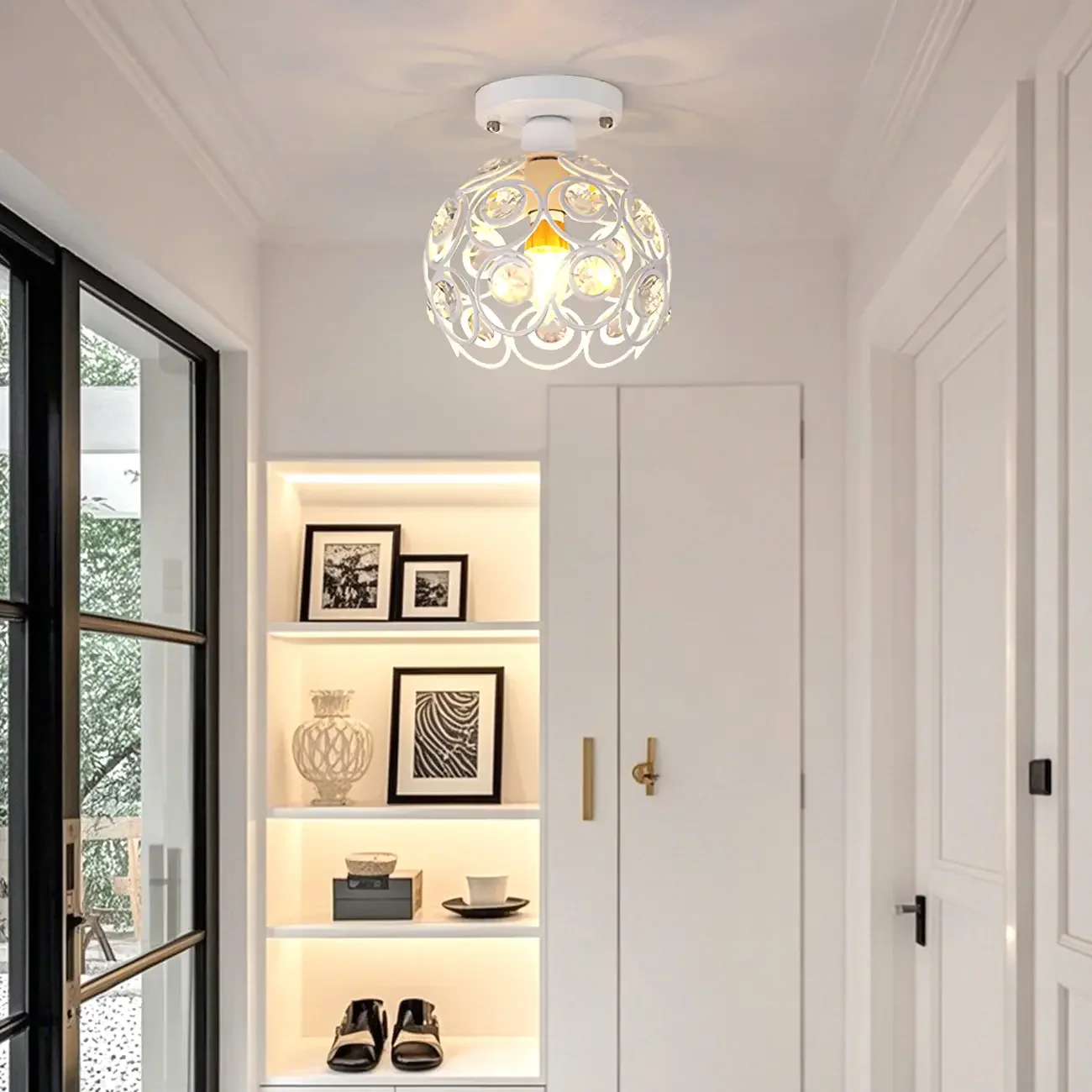 Industrial Hollow Dome Semi Flush Ceiling Light with Crystal