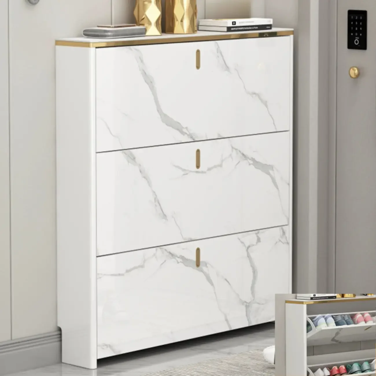 White Glam Narrow Drop Front Shoe Cabinet for Entryway